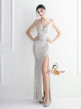 Straps Sequins Split Prom Dress