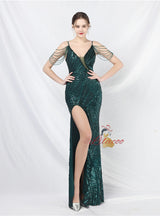 Spaghetti Straps Sequins Split Prom Dress