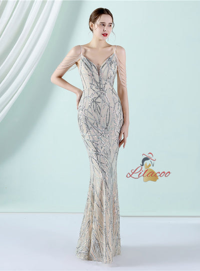 Sling Sequins Beading Long Slim Dress