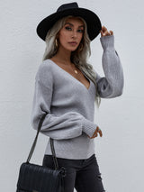 Cross V-neck Solid Color Pullover Loose Sweater