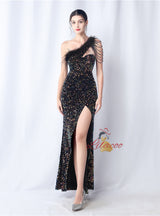 One Shoulder Sequins Split Prom Dress