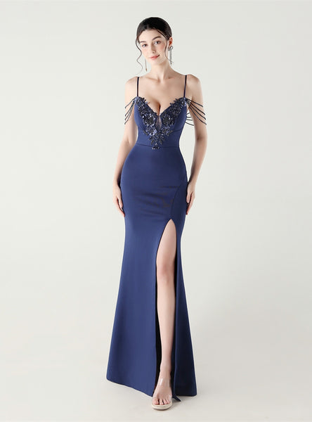 White Mermaid Spaghetti Straps Appliques Beading Prom Dress