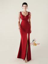 Mermaid Split Straps Pleats Beading Prom Dress