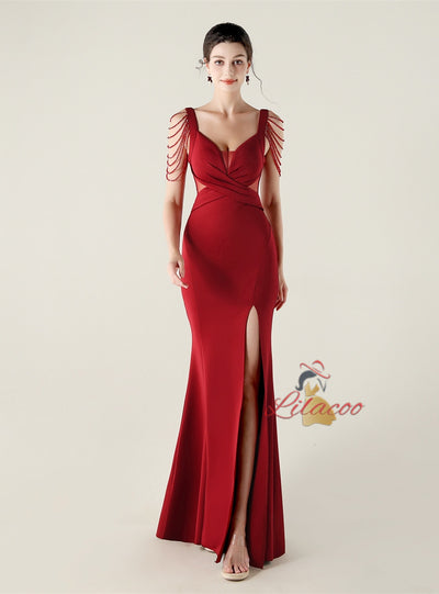 Mermaid Split Straps Pleats Beading Prom Dress