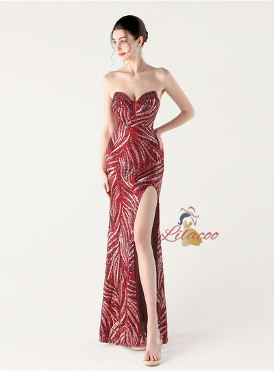 Mermaid Sequins Strapless Beading Split Prom Dress