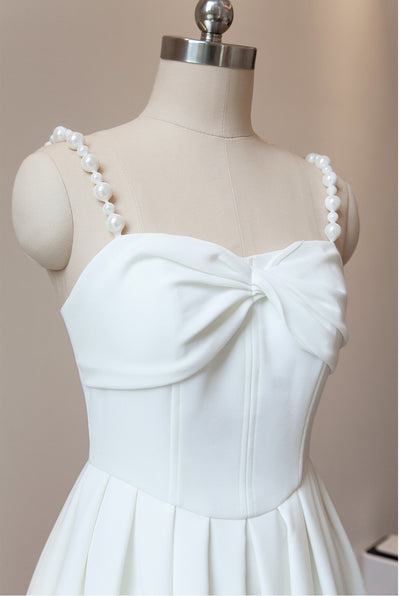 White Straps Pearls Short Prom Dress