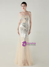 Mermaid Sequins Tulle Strapless Prom Dress
