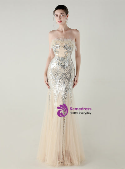 Mermaid Sequins Tulle Strapless Prom Dress