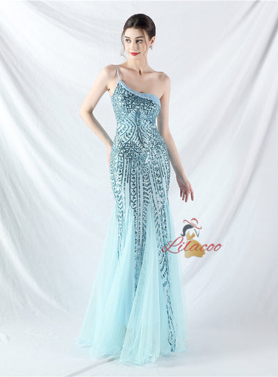 Mermaid Sequins One Shoulder Beading Prom Dress