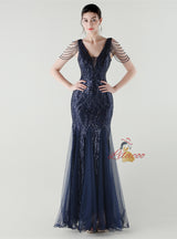Mermaid Sequins Tulle V-neck Beading Prom Dress