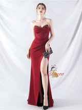 Memraid Strapless Pleats Beading Split Prom Dress