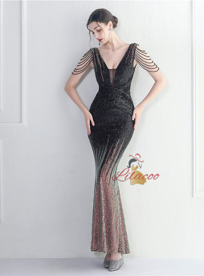 V-neck Sequins Beading Prom Dress