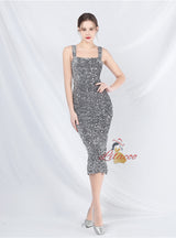 Sheath Sequins Straps Tea Length Prom Dress