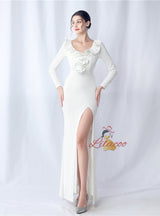 Long Sleeve V-neck Sequins Split Prom Dress