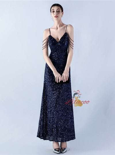 Spaghetti Straps V-neck Beading Prom Dress