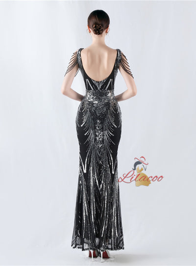 V-neck Tulle Sequins Beading Prom Dress