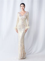 Long Sleeve V-neck Mermaid Sequins Prom Dress