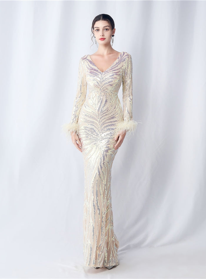 Long Sleeve V-neck Mermaid Sequins Prom Dress