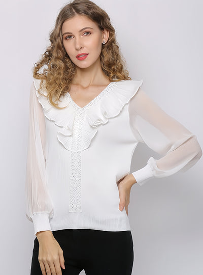 Lace Sleeves Spliced Flounces Shirt