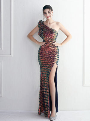 Mermaid Sequins One Shoulder Split Prom Dress