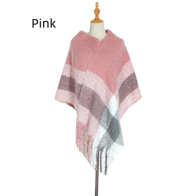 Thick Fringed Plaid Pullover Cloak
