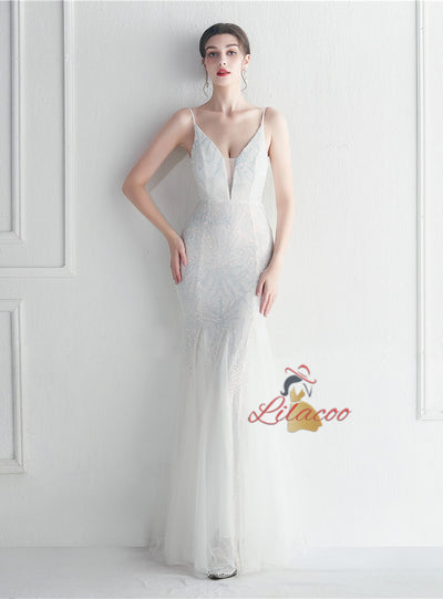 Sequins Tulle Spaghetti Straps Prom Dress