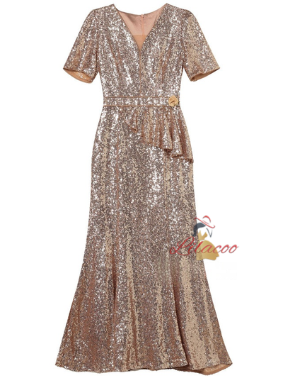 Burgundy Sequins Short Sleeve Mother Of The Bride Dress