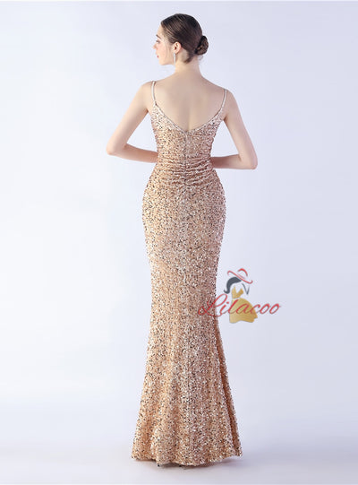 Spaghetti Straps Mermaid Sequins Prom Dress