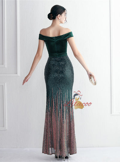 Velvet Sequins Off the Shoulder Prom Dress