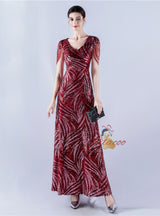 V-neck Sequins Cap Sleeve Beading Sequins Prom Dress