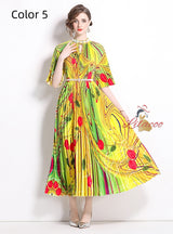 Pearl Pleated Long Beaded Print Long Dress