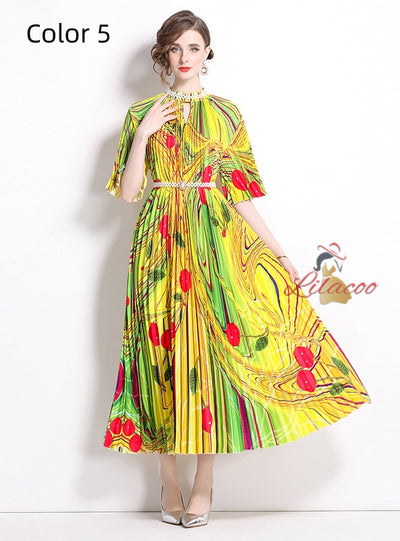 Pearl Pleated Long Beaded Print Long Dress
