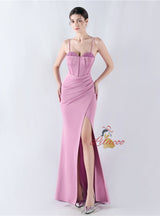 Mermaid Spaghetti Straps Pleats Beading Prom Dress