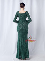 Long Sleeve Mermaid Sequins Split Prom Dress