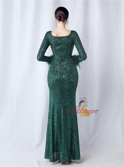 Long Sleeve Mermaid Sequins Split Prom Dress