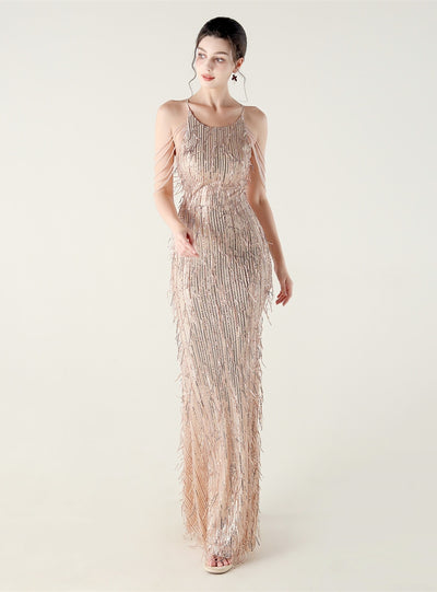 Mermaid Sequins Halter Beading Prom Dress