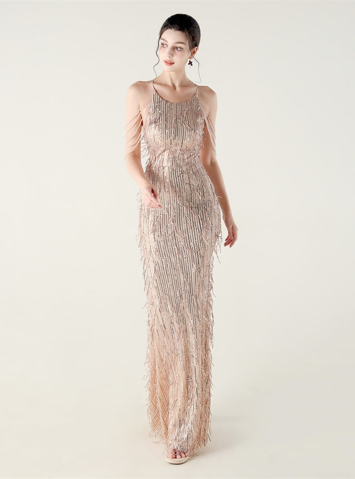 Mermaid Sequins Halter Beading Prom Dress