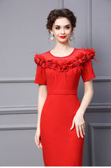 Fuchsia Short Sleeve 3D Flower Mother Of The Bride Dress