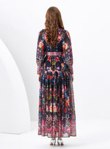 Palace Lapel Lantern Sleeve Long Retro Print Dress