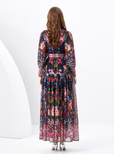 Palace Lapel Lantern Sleeve Long Retro Print Dress
