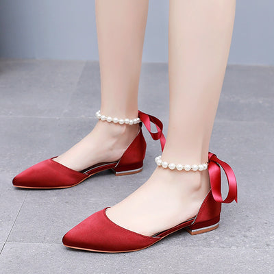 Flat-heeled Pointed Satin Beaded Bridal Shoes