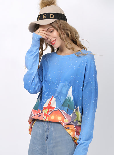 Loose Medium and Long Digital Printed Sweater