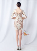 Long Sleeve Sequins Feather Short Prom Dress
