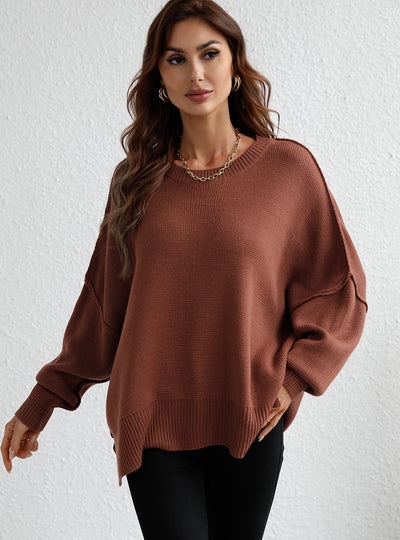 Round Neck Knitted Loose Split Pullover Sweater
