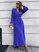 V-neck Long-sleeved Pleated Long Dress
