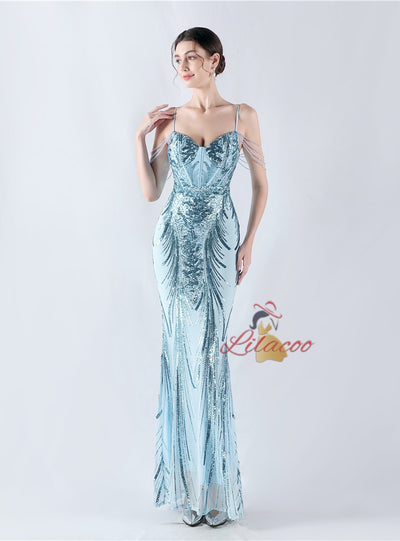 Spaghetti Straps Sequins Beading Prom Dress