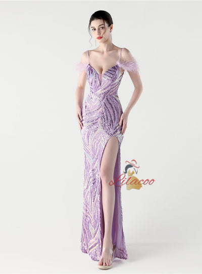 Memraid Sequins Spaghetti Straps Feather Split Prom Dress