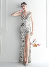 V-neck Sequins Beading Prom Dress