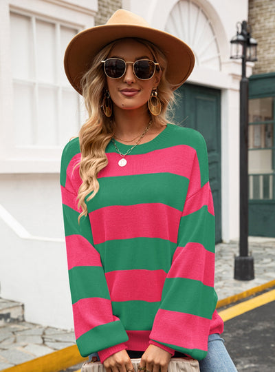 Stitching Striped Round Neck Loose Sweater