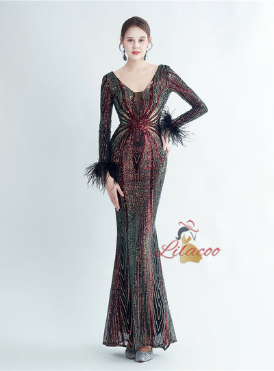 Long Sleeve Mermaid V-neck Sequins Prom Dress